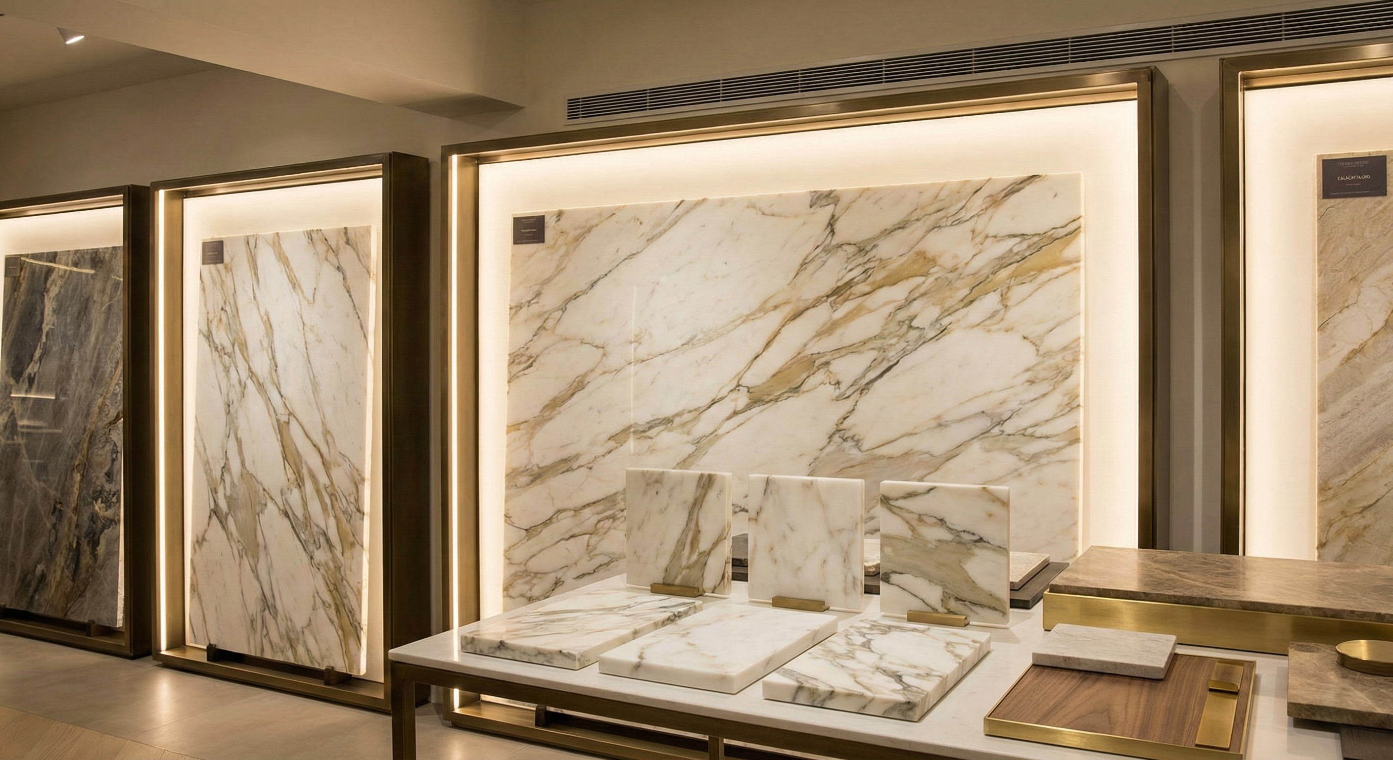 Calacatta Oro marble material - High-quality slab selection with unique natural veining. - Marmi di Carrara since 1956 Italy
