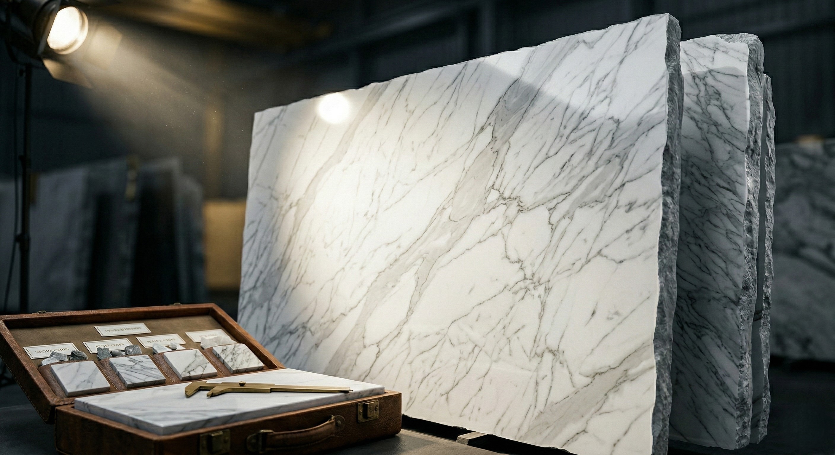 Statuarietto marble material - High-quality slab selection with unique natural veining. - Marmi di Carrara since 1956 Italy